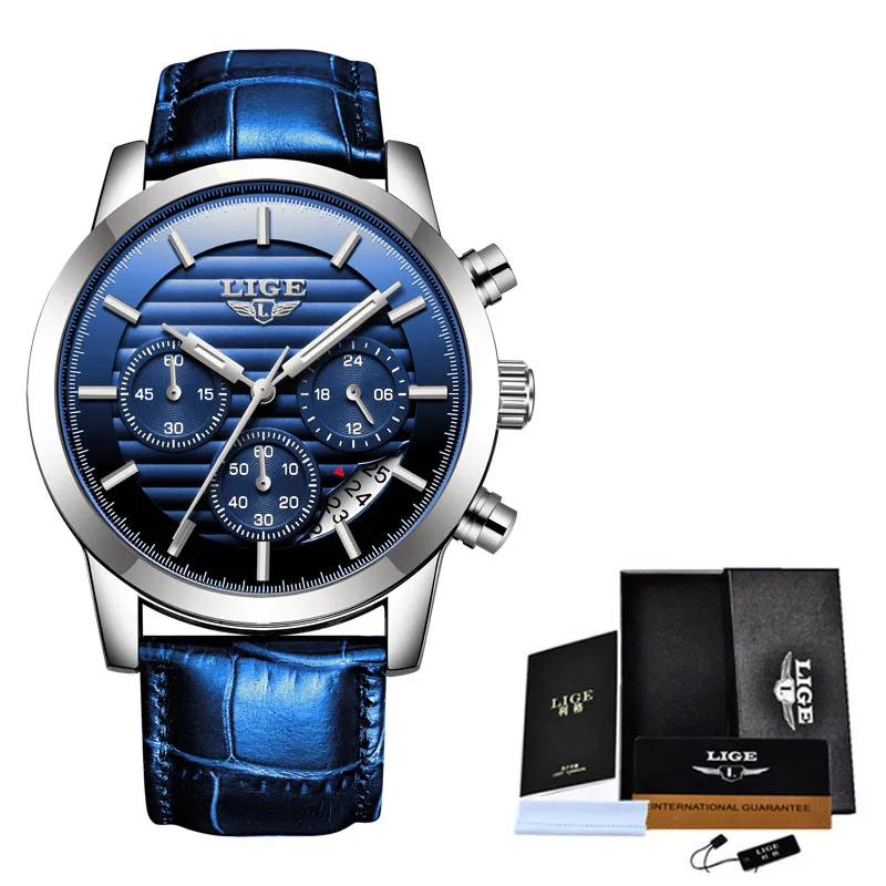 Silver blue LIGE новые часы мужские модные спортивные кварцевые часы мужские s часы брендовые роскошные кожаные бизнес водонепроницаемые часы Relogio Masculino - Цвет: Silver blue