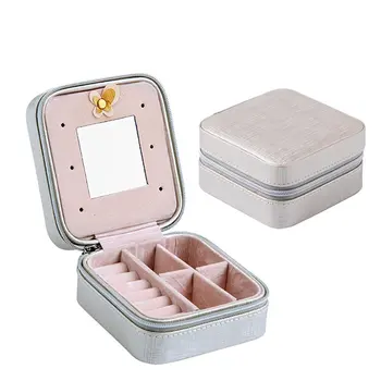 

Mini Travel leather jewelry box rings earrings storage display Casket Container makeup organizer packaging Box with mirror