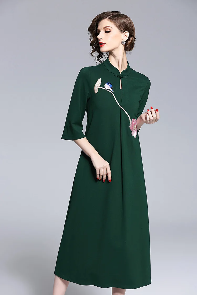 Осенняя рубашка средней длины с рукавом в китайском стиле, Cheongsam воротник, вышивка, элегантное темпераментное черное платье в стиле кэжуал A303
