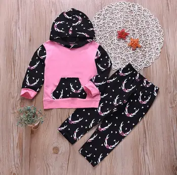 

Kids Baby Girl Autumn Sets Christmas Newborn Patchwork Hooded Tops Sweatshirt Pants Outfits Set