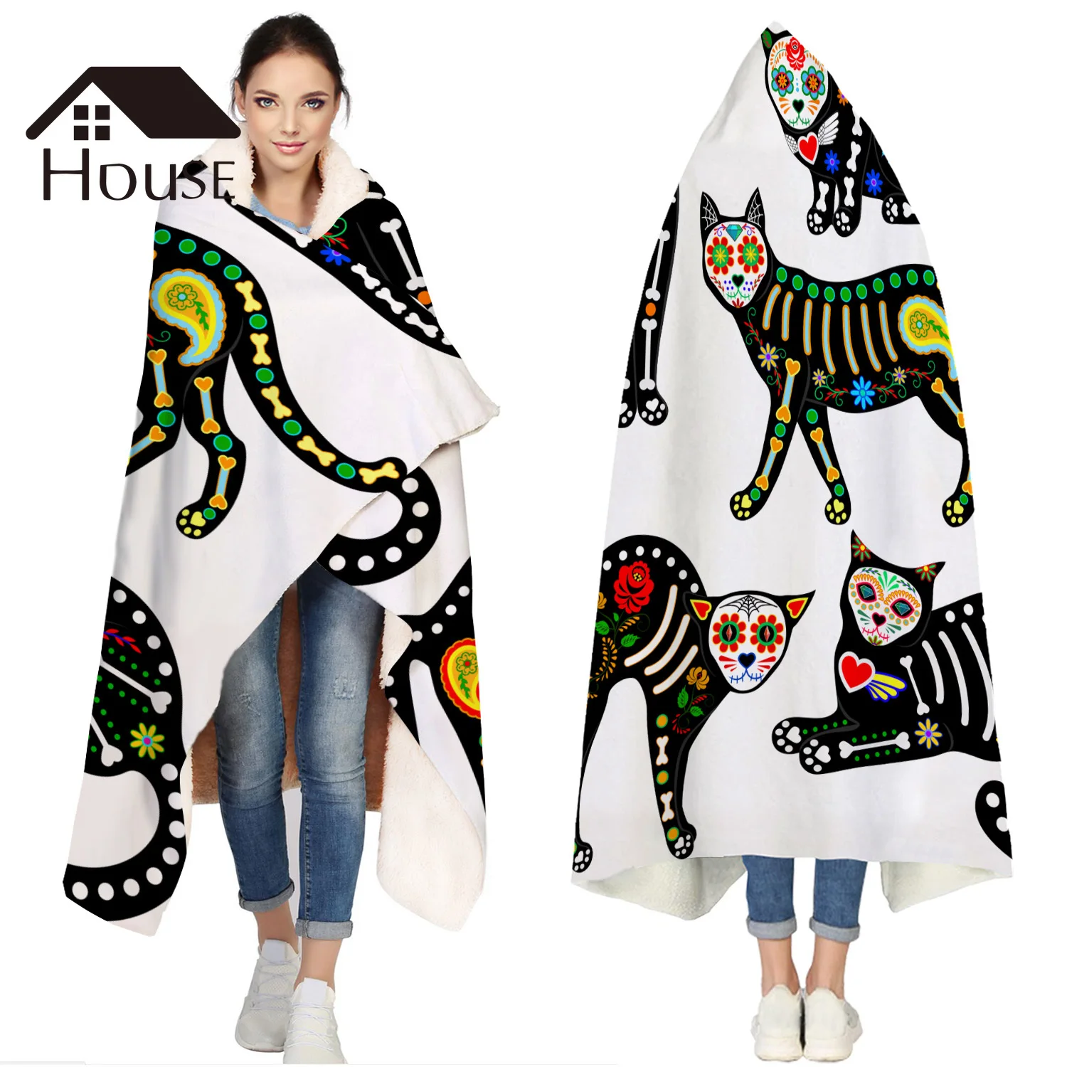 

Halloween Cat Christmas Portable Wearable Fluffy Custom Hooded Blanket Fleece Hooded Throw WrapBed Blanket
