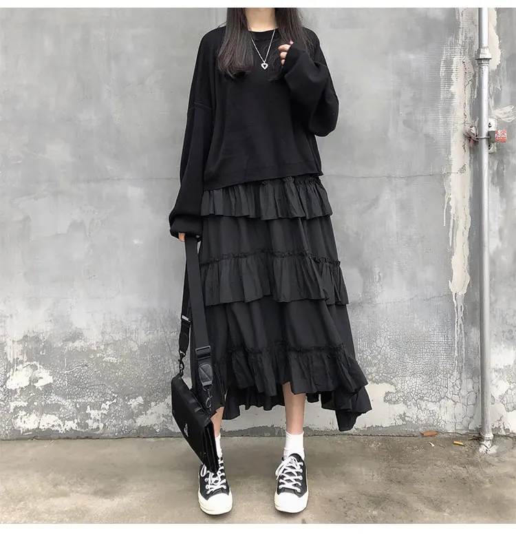 Goth Lolita High Waisted Asymmetrical High Low Ruched Ruffle Skirt in Skirts