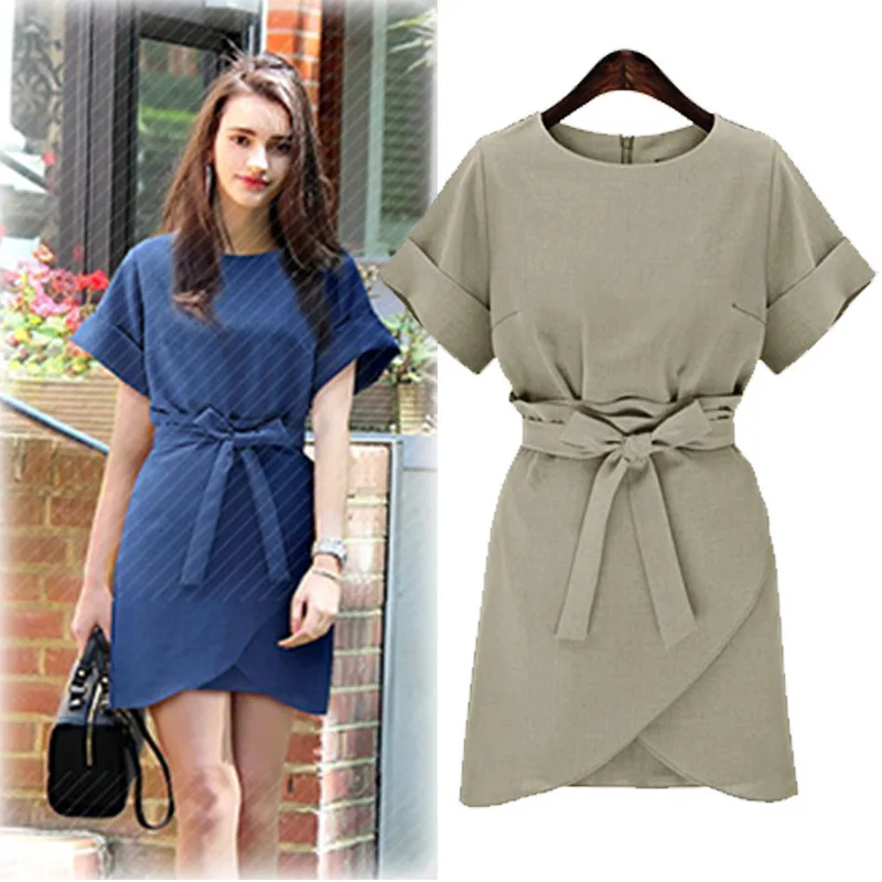 

Lazada Summer New Products Crew Neck Short Sleeve Large Size Irregular Lace-up Waist Hugging Casual Dress D095