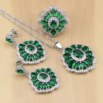 

925 Sterling Silver Bridal Jewelry Green Stones White CZ Jewelry Sets For Women Wedding Earrings/Pendant/Necklace/Rings