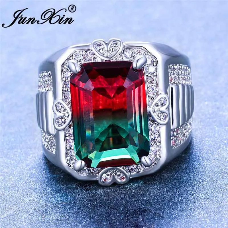 Red Green Ring Boho большие прямоугольные кольца для мужчин и женщин серебряного цвета Белое золото кольцо зеленые красные голубые кристаллы Обручальное кольцо ювелирные изделия - Цвет основного камня: Red Green Ring