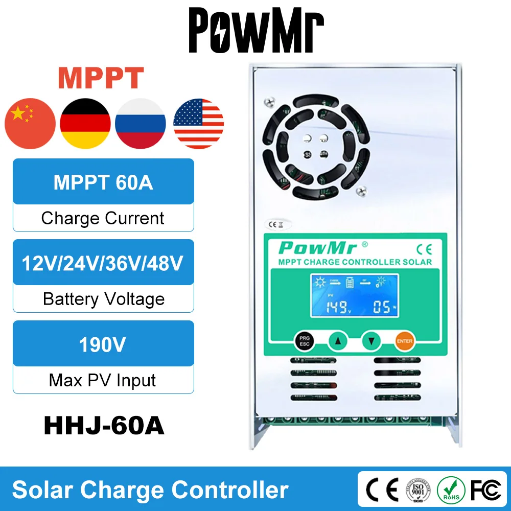 PowMr MPPT 60A точный Контроллер заряда солнечной батареи 12В 24В 36В 48В авто для макс. 190VDC