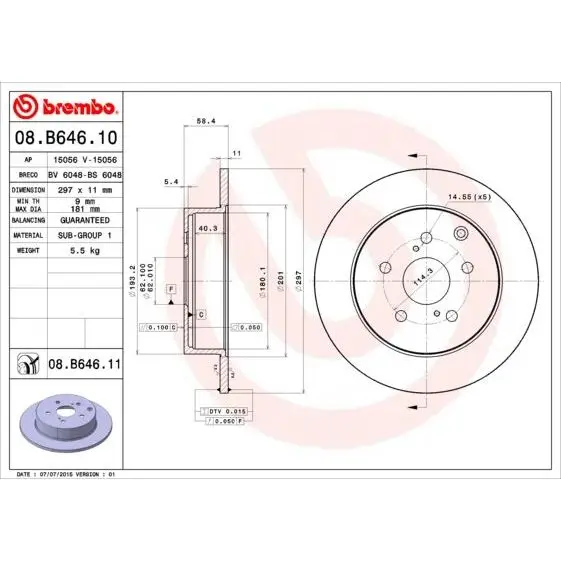 Диск тормозной TOYOTA VERSO 09- задний D=297мм BREMBO 08.B646.11