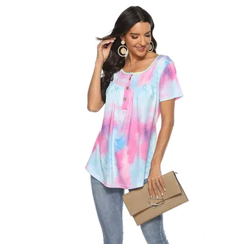 

Plus Size Women Summer Tshirt Tie dye Print Short Sleeve T-Shirts Round Neck Button Casual Shirts Top S-2XL Tee Shirt Femme