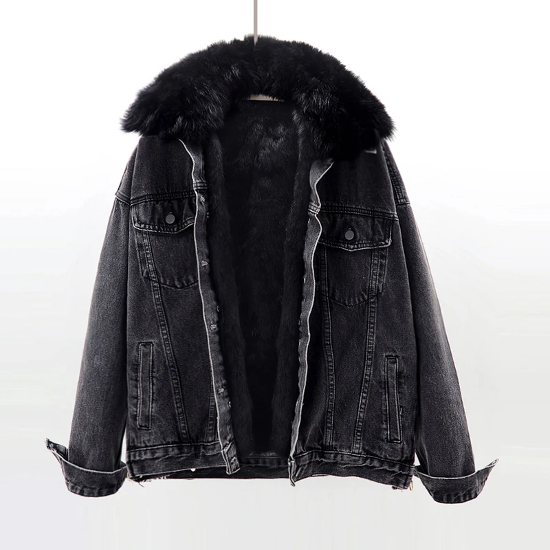 

Winter Thick Warm Fox Fur Collar Removable Rex Rabbit Fur Liner Denim Jacket Women Outerwear Vintage Parker Jeans Jackets Female