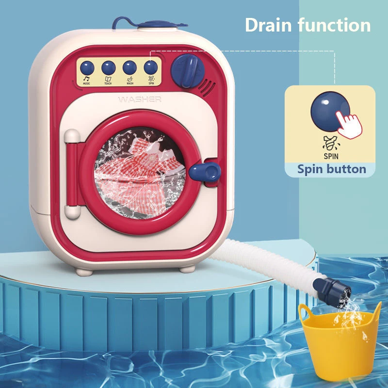 Children Washing Machine Toy Set Pretend Home Cleaning Simulation Washing Machine Mini Drum Rotate Kinetic Energy with Water 2