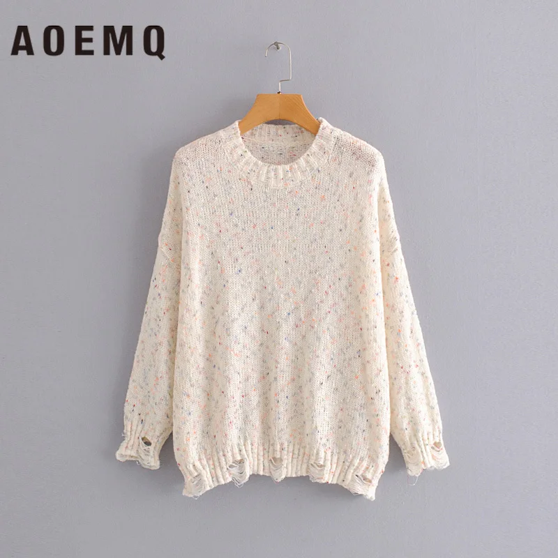 

AOEMQ Fashion Sweaters O-Neck Collar Rainbow Candy Print Sweaters Long-Sleeve Hole Draped Winter Sweaters Girl Clothing