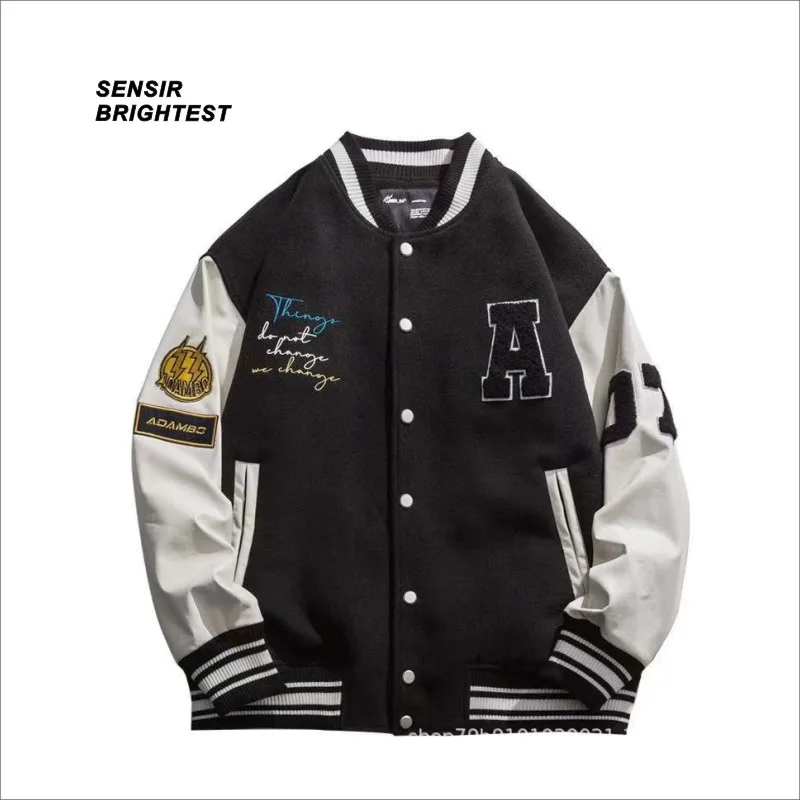

Sensir School Jacket American Pu Leather Stitched Tweed Baseball Suit High Street Oversize Loose varsity jacket Men