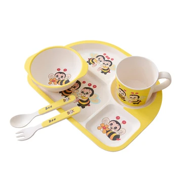 

5Pcs/Set Baby Bamboo Fiber Dinner Set Children Feeding Tableware Forks Spoons Portable Dishes for Kids Lovely Baby Bowl