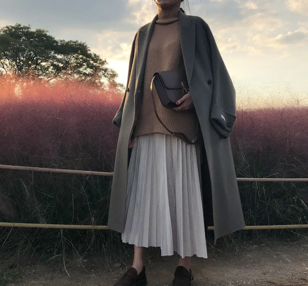 Women Winter Green Super Long Wool Overcoat Elegant Double-sided Woolen Coat Jacket with Waist Belt Brief Loose Outwear