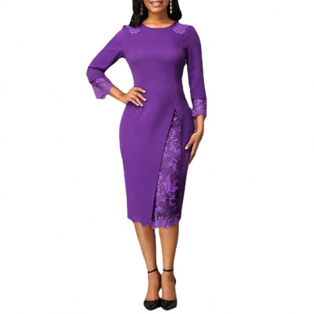 Lace Sexy Dress Africa Women Clothing Slim Pencil Skirt Casual Round Neck Long Sleeve African Clothing Purple Evening Dresses