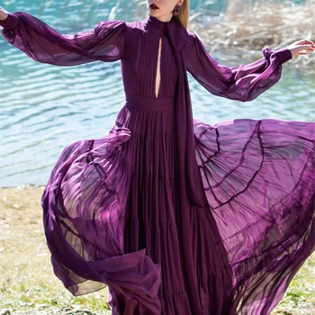 

Gedivoen Fashion Designer Spring Dress Women Solid Purple Bow Collar Pleated Dress Elegant Female Midi Dresses Vestidos 2020