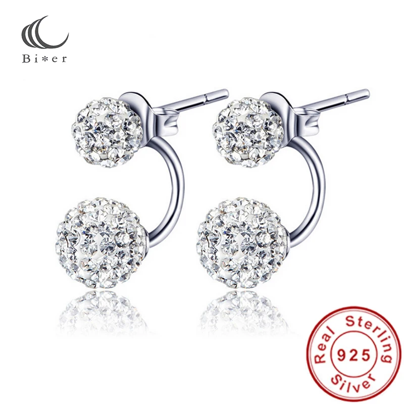 Серебристые Сияющие серьги гвоздики с фианитом хрустальные стразы двойные