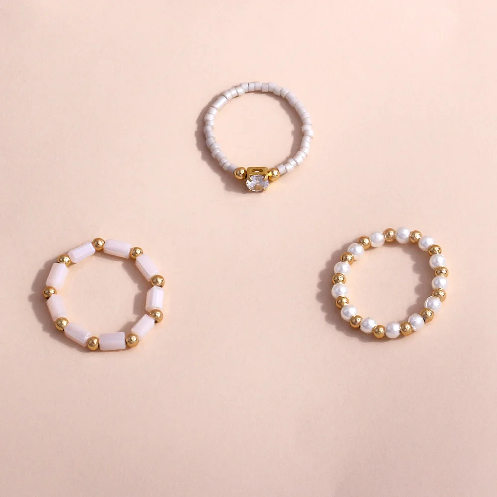 3PCS Simple Simulated Pearl Ring Set Bohemian Jewelry Multicolor Resin Bead Elastic Rings For Women Bridal Party Gift