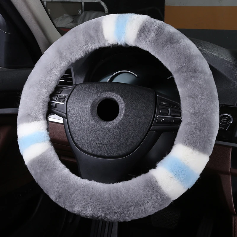 Wool True Leather Car Steering Wheel Cover Fit For 36-42 CM 14.2"-16.5" Braid on Steering-Wheel Auto Carpet Winter Warm Soft
