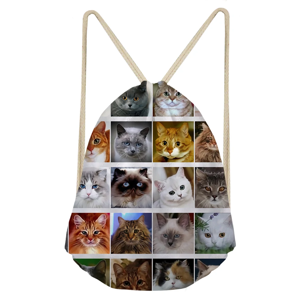 Kawaii кошка печать шнурок Сумка для женщин девочек милые кошки льняная нитка Шнурок Рюкзак Дорожная сумка для хранения