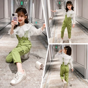 

Girls Clothing Suit Spring Autumn New Kids Lace Collar Blouses+Overalls 2PCS Sets For Girls Clothes Children Outfits 3-12 Years