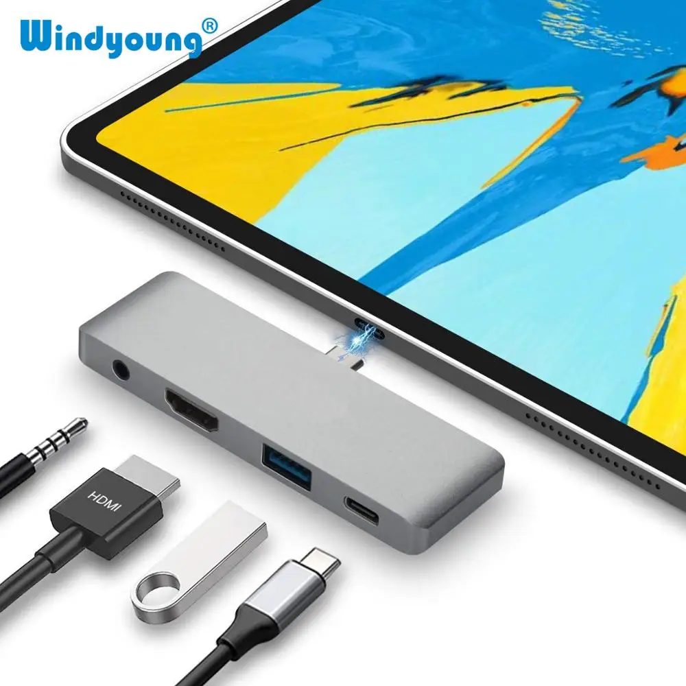 Aluminum Type C Mobile Pro Hub Adapter for iPad with USB C PD Charging 4K HDMI USB 3 0 3 5mm Headphone Jack for 2018 iPad Pro
