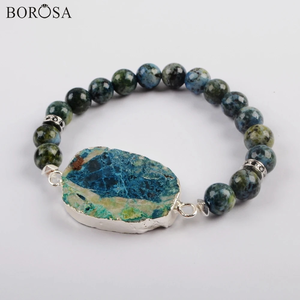 

BOROSA 5PCS Fashion Silver Natural Chrysocolla Stone With 8mm Chrysocolla Stone Beads Bracelets Gems Bangle Jewelry G1826