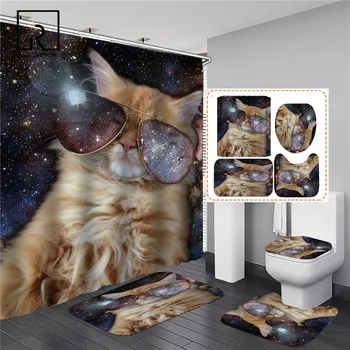 

Cats with Sunglasses Cool Bathroom Shower Curtain Set Anti-slip Bath Mats Doormat Flannel 4PCS Toilet Lid Cover Home Carpet