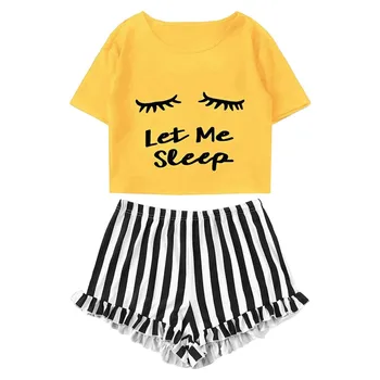 

Jaycosin Fashion Women Leisure Cute Stripe Print Pajamas Set Short Sleeve Sleepwear Sets Two-Piece Sleepwear Loungewear Set 420