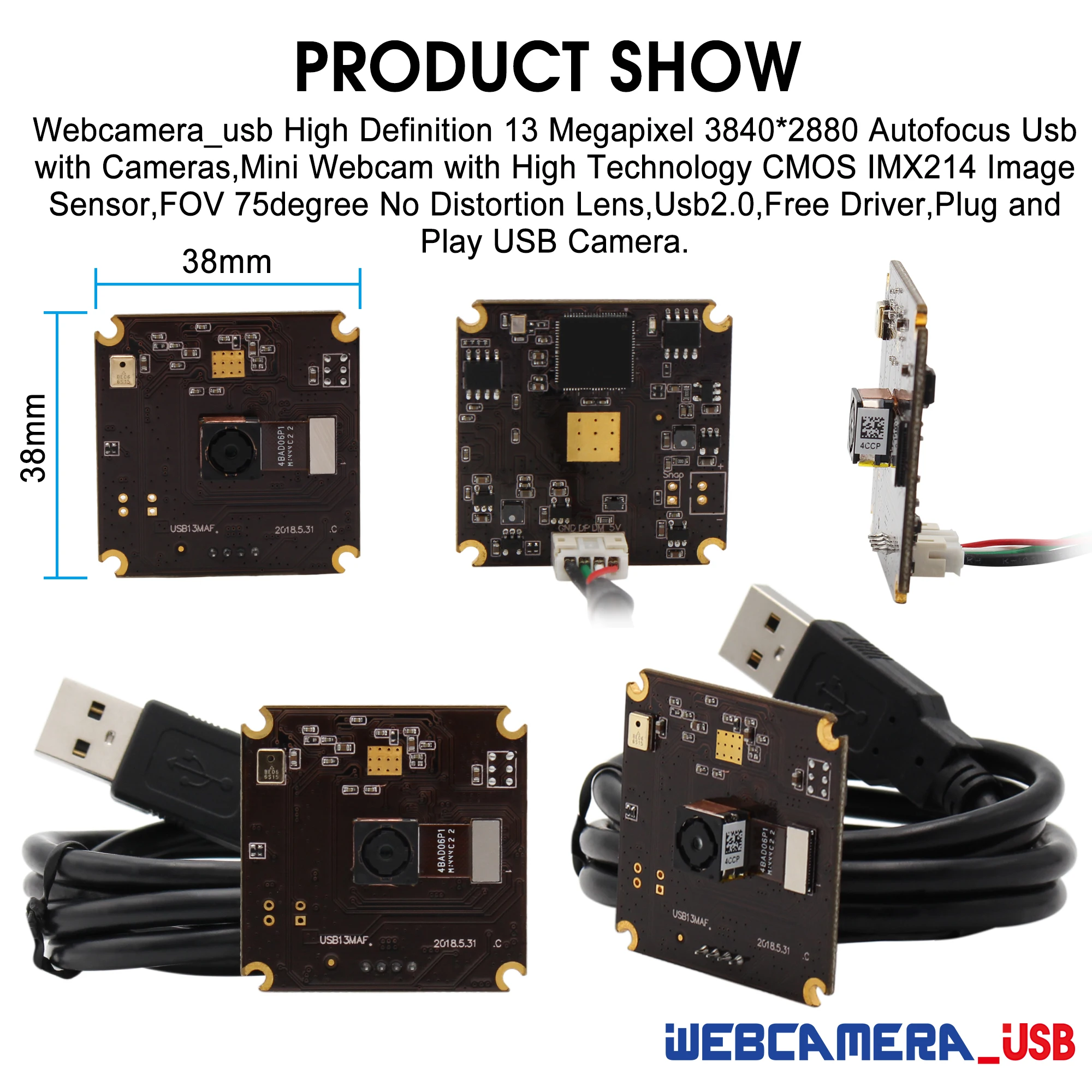Модуль камеры с автофокусом 13 МП USB MJPEG 10fps 3840x2880 Sony IMX214 Mini 38*38 мм PCB плата для Linux Windows