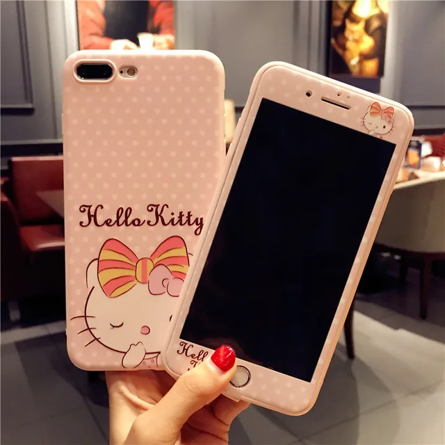 1 Мягкая задняя крышка из ТПУ с милым рисунком hello kitty и переднее закаленное стекло для IPhone XR XS Max X 8 7 Plus чехол для телефона Coque capa - Цвет: 1
