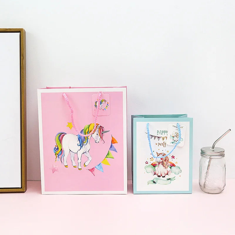 

Flower Unicorn Present Box Gift Clothes Packaging Handle Paper Box Bags Kraft Paper Gift Bag With Handles for Party Wedding