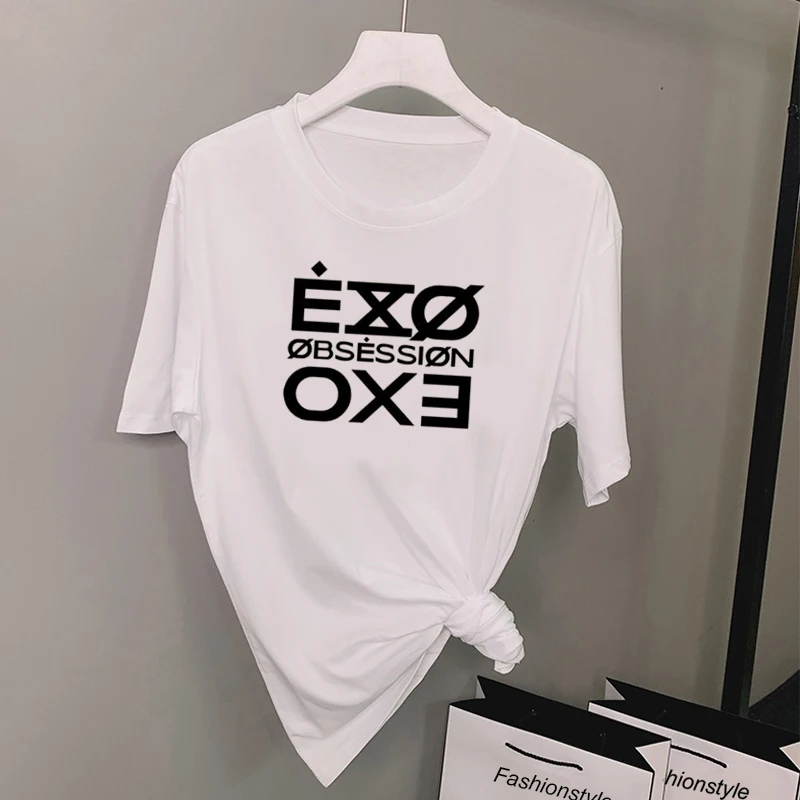 Модная футболка с буквенным принтом Женская Футболка Kpop Exo Android Повседневная