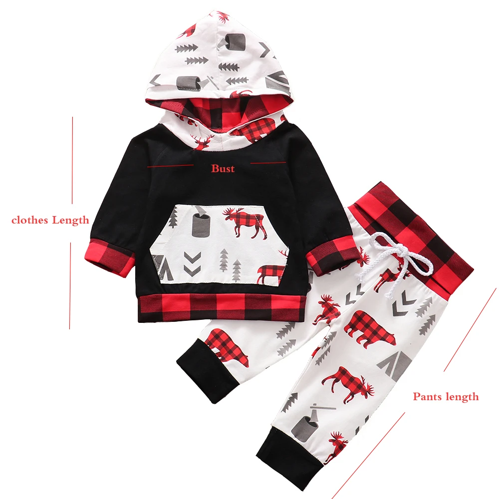 Рождественская одежда для маленьких мальчиков Красный Клетчатый анорак с длинными рукавами, топы, Толстовка Штаны с животными, комплект одежды для новорожденных