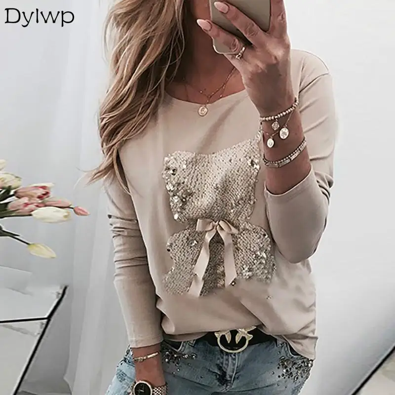 

Women's Cute Bear Pattern Sequins T-shirt Casual Solid Long Sleeve O Neck Tshirt Fashion Ladies Harajuku Streetwear Tee Tops