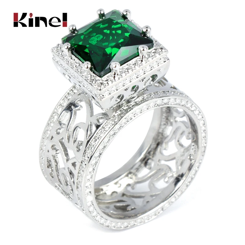 Kinel Luxury Square Green Zircon Bridal Wedding Rings Fashion Tibetan