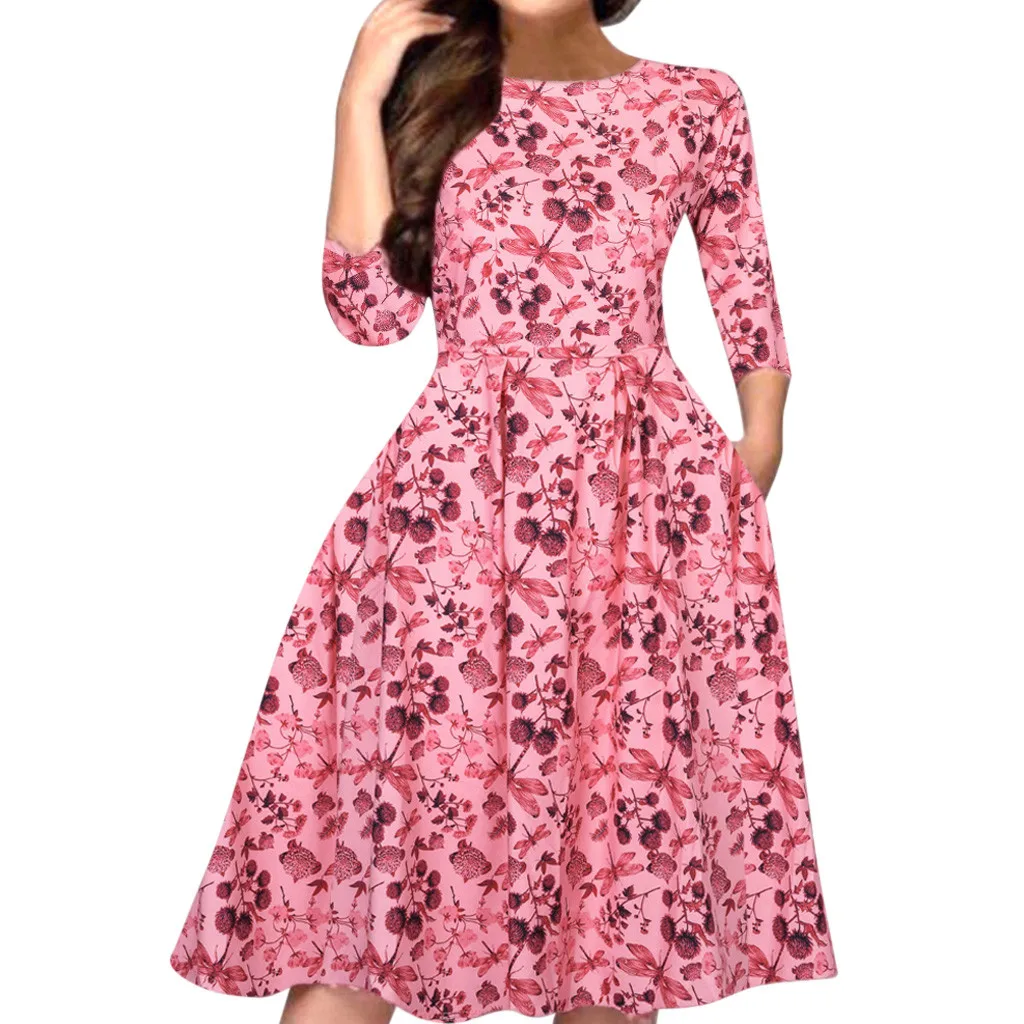 Sukienka, платье размера плюс, женское цветочное винтажное зимнее платье, элегантное платье, 3/4 рукава, vestidos robe hiver femme robe femme