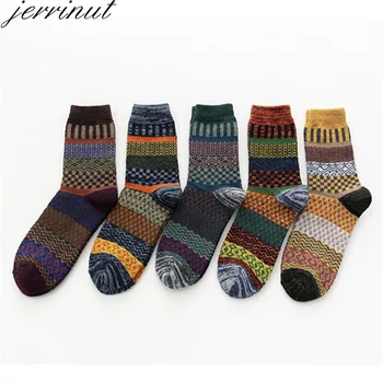 

Jerrinut5 Pairs Casual Winter Men's Socks With Print Business Thick Warm Wool Cotton Socks Cashmere Striped Fashion Yellow Socks