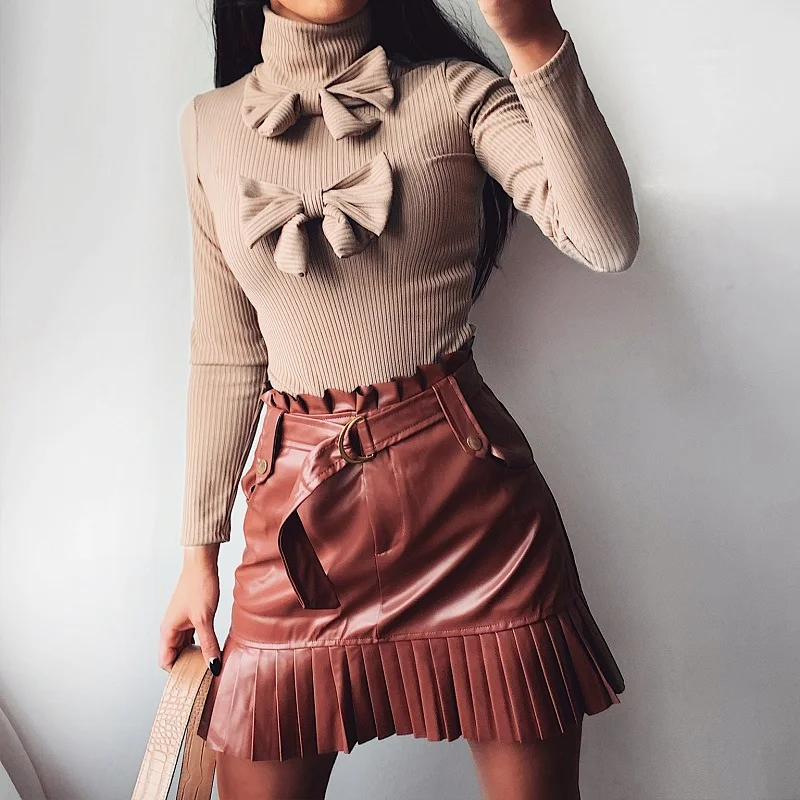 2020 Spring Turtleneck Bow Knitted Sweater Women Fashion Long Sleeve Slim Fit Tops Pullover Autumn Solid Streetwear Sweater Pull