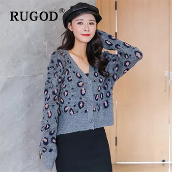 

RUGOD high quality leopard pattern women's sweater cardigans v neck single breasted soft knit coats new autumn fashionable tops