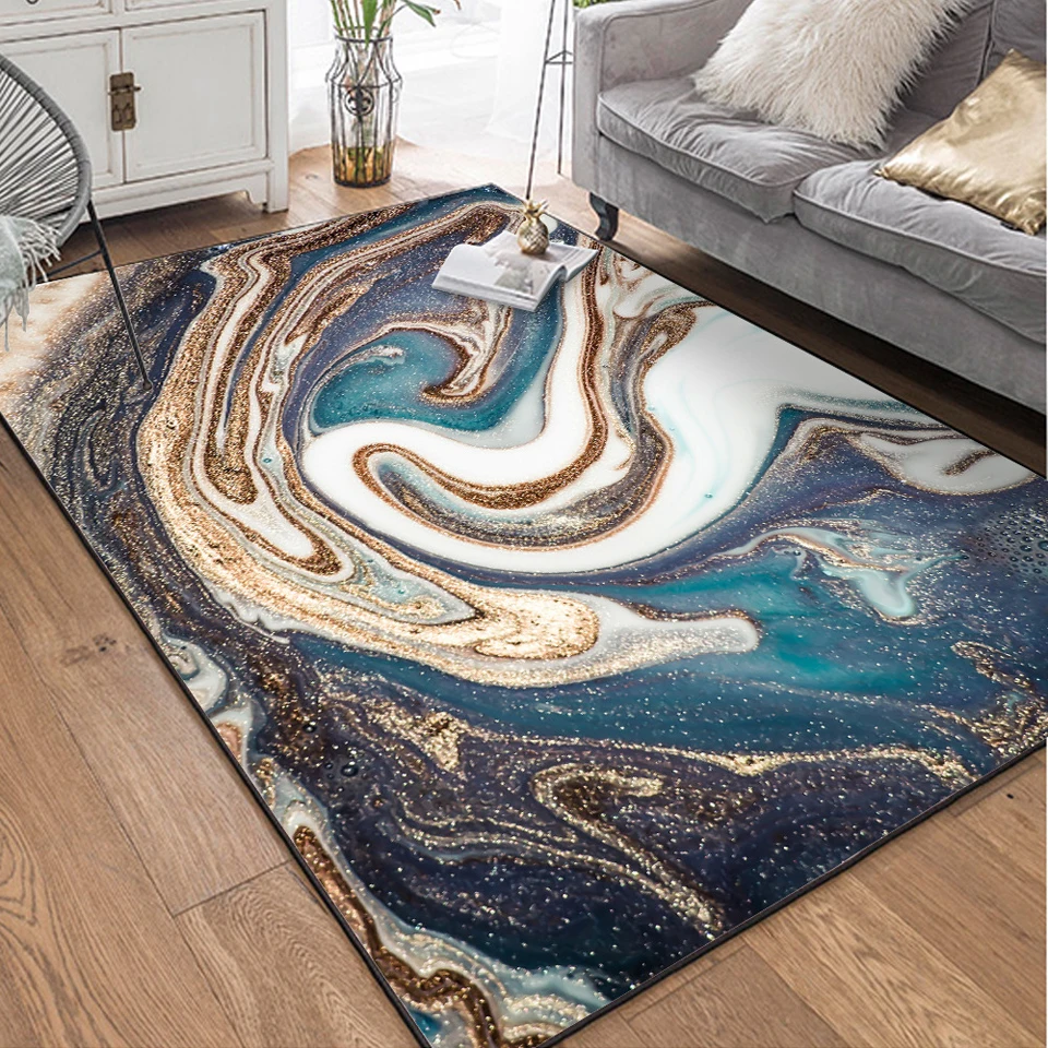 Modern Abstract Marble Carpet Blue White Gold Pink Bedroom Living Room