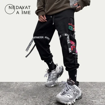 

Hip Hop zipper Ribbons Cargo Pants Men Joggers Pant Streetwear Men Fashion Mens Elastic Waist Pant Ribbons Cotton Trousers Black