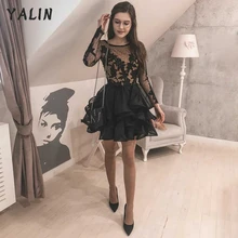 

YALIN Long Sleeves Illusion Cocktail Dresses Mini Length Appliqued Black Prom Evening Gowns Tiered Ruffle Vestidos De Fiesta