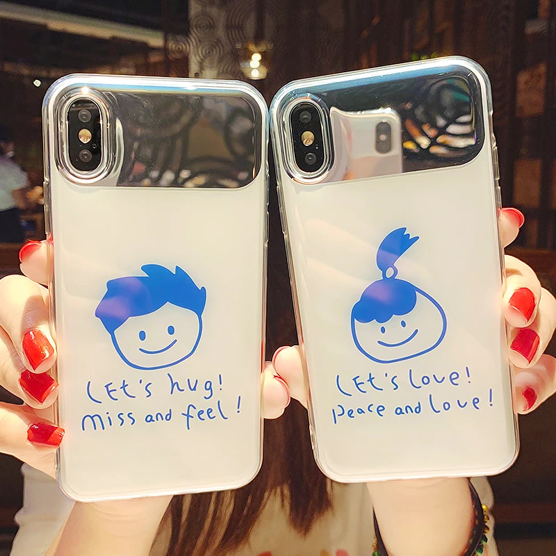 

Cartoon Couple Cute Mirror Glitter Case For iPhone X XR XS Max Silicone Cover Lovely Couple Thin IMD Soft TPU Glossy Phone Cases