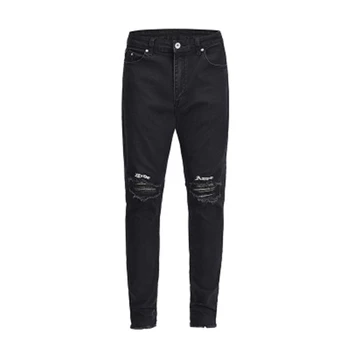 

Men Jeans Denim Knee Hole Scratch Latter Black Vintage High Street Pencil Pants Stretch HIP HOP Punk Streetwear Trousers