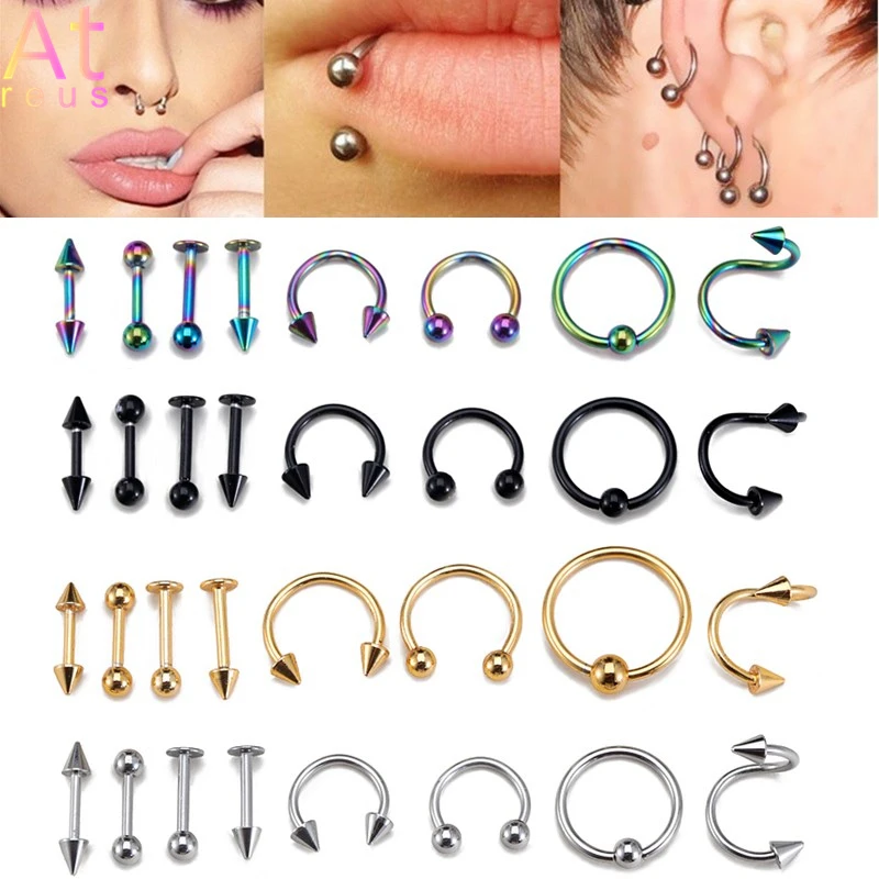

Latest 16 Pcs /set Circular Barbell Horseshoe Curve Spike Stainless Steel Body Piercing Jewelry Bar Lip Nose Rings Navel nail