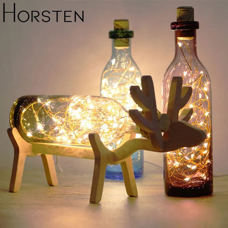  Creative Wood Deer Fireworks Lamp USB LED String Elk Deer Night Lights Glass Bottle Table Desk Lamp
