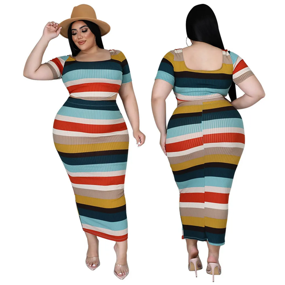 New Plus Size Ribbing Two Piece Set Women Fall Clothes Striped Short Sleeve Crop Top Skirts Sets Stretch Wholesale Dropshipping