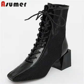 

ASUMER 2020 new arrive patent leather mesh ankle boots women square heel casual shoes fashion punk summer boots ladies black