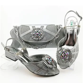 

Silver Color Ladies with Matching Bag low Heels Italian Design Shoe and Bag Set for Party And Wedding African Shoes and Bag